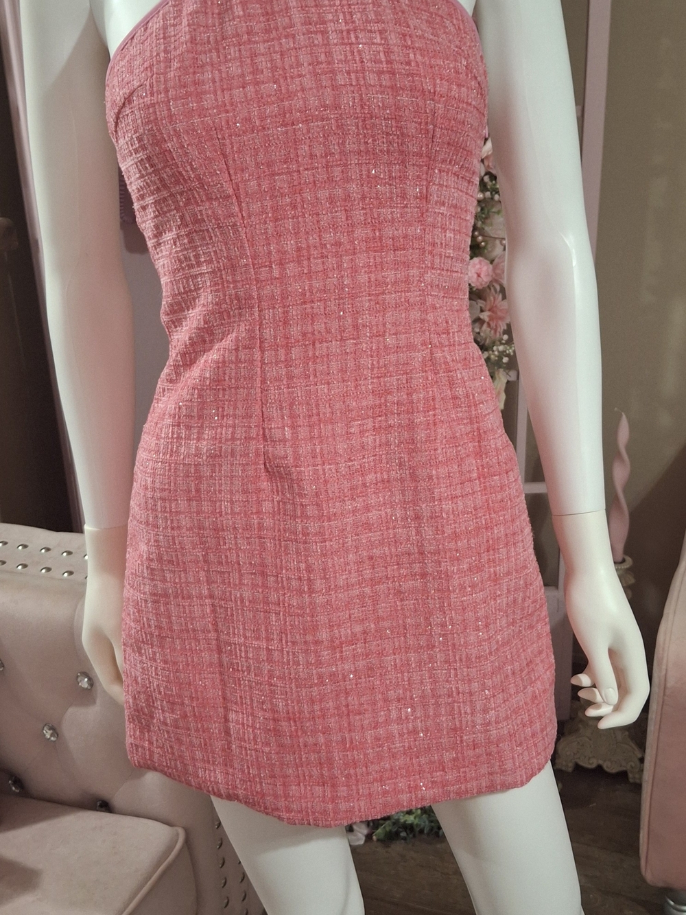 THATS SO FETCH TENNYSON Pink Sparkle Tweed Mini Dress Open Back with Bows NWT